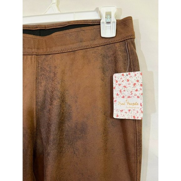 Free People Vegan Faux Leather Leggings Distressed Brown NWT 28" Elastic Waist - Picture 2 of 7